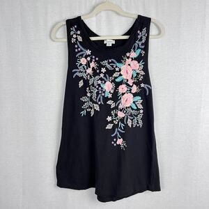 Sundance Top Black Floral Embroidered Twist Tank Boho Hippie Casual Summer